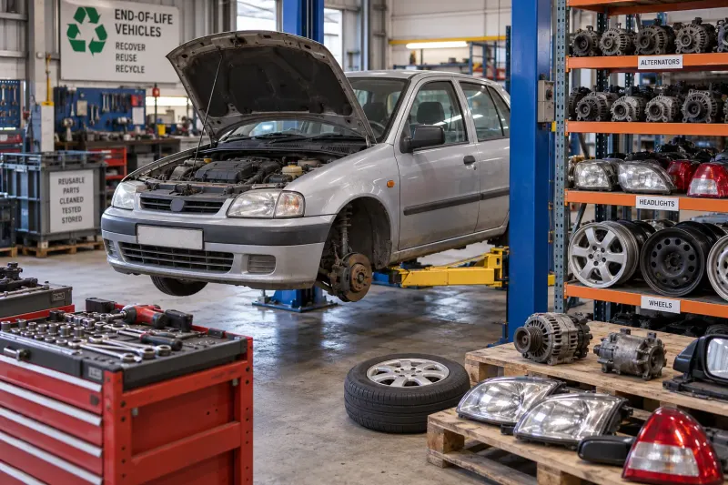 End-of-life vehicle and recovered components in a dismantling workshop