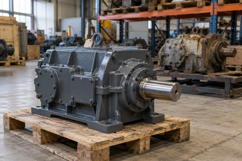 Refurbished industrial gearbox on a pallet in a remanufacturing warehouse