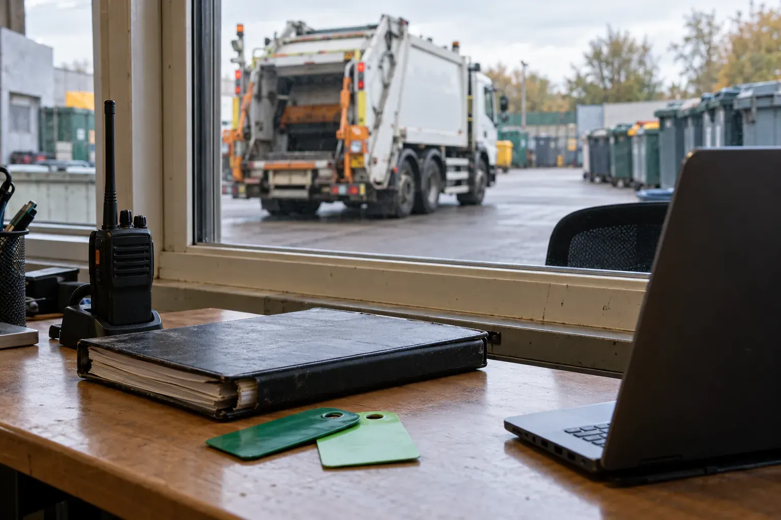 Arbeitsplatz für die Einsatzplanung mit Blick auf einen Entsorgungshof