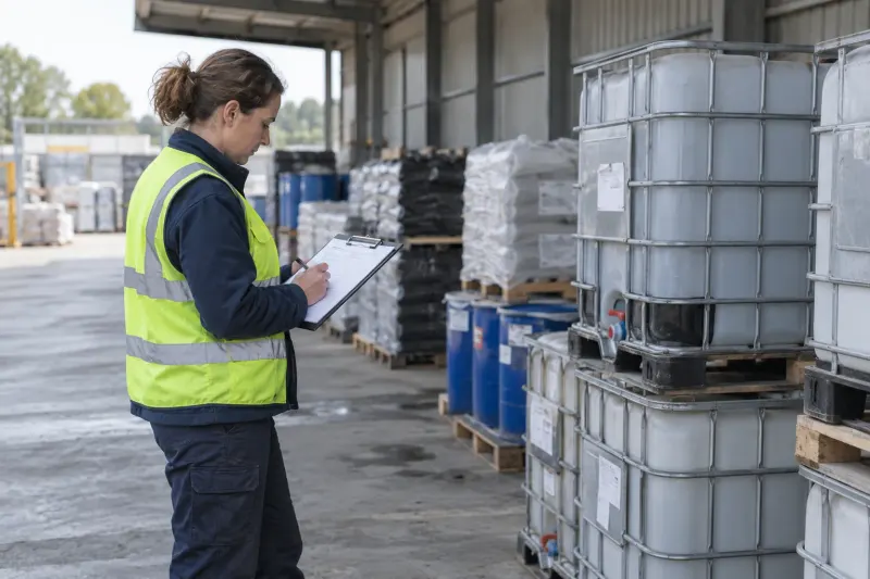 Inspector checking material records beside industrial storage containers