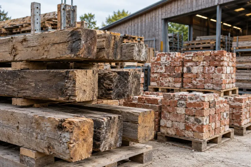 Zurückgewonnene Holzbalken und Ziegel auf einem Baustoff-Recyclinghof