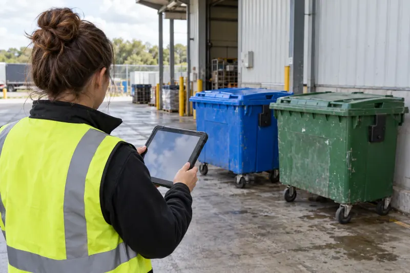 Collection coordinator using a tablet beside commercial waste containers