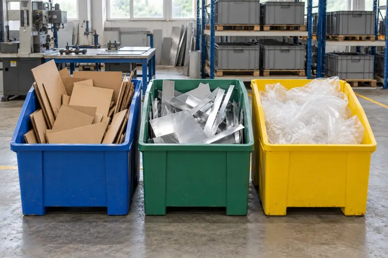 Separate containers for cardboard, metal offcuts and plastic film in a factory