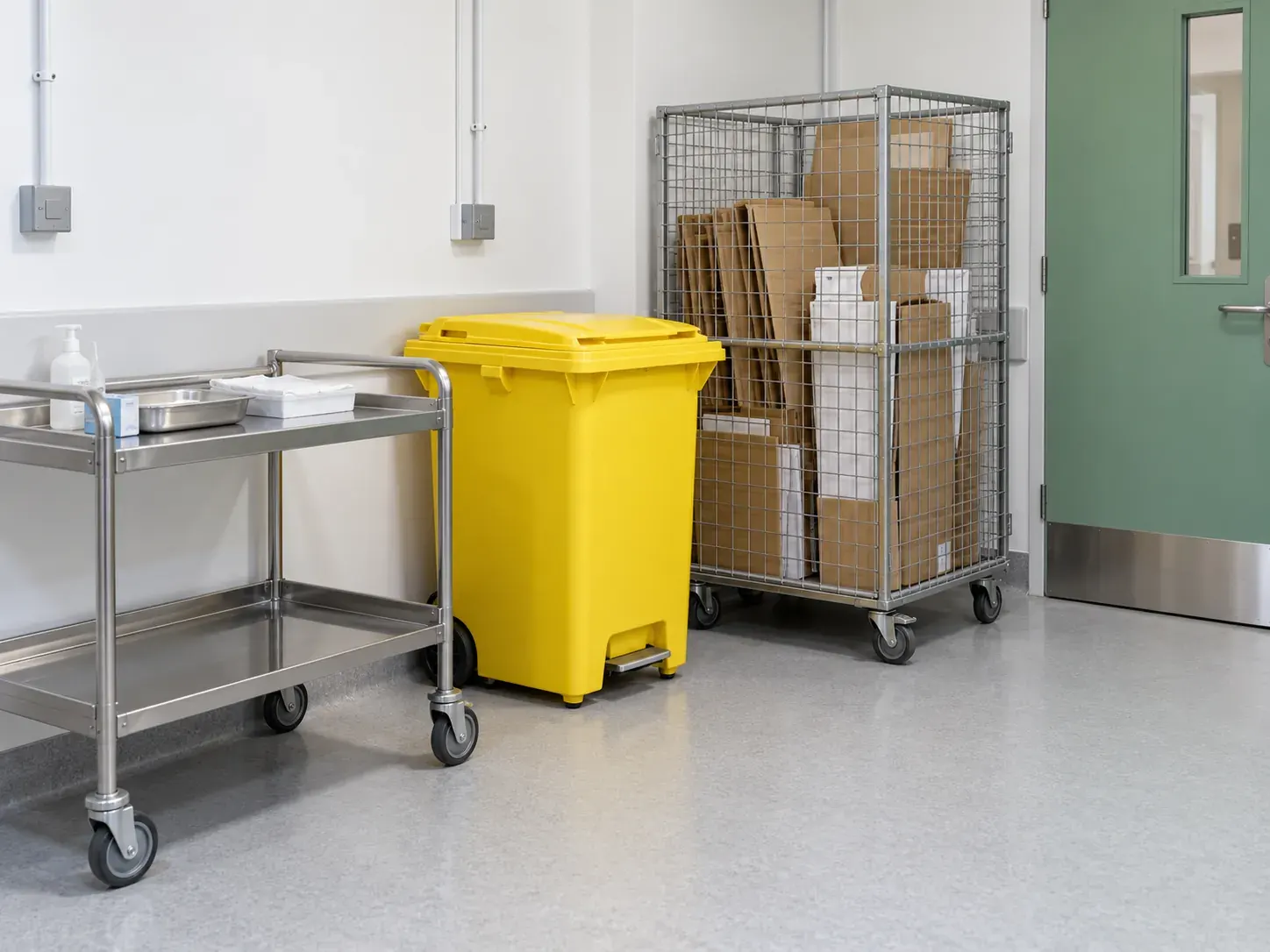 Geschlossener Klinikabfallbehälter und getrennt gesammelte Kartonagen in einem Krankenhaus-Nebenraum