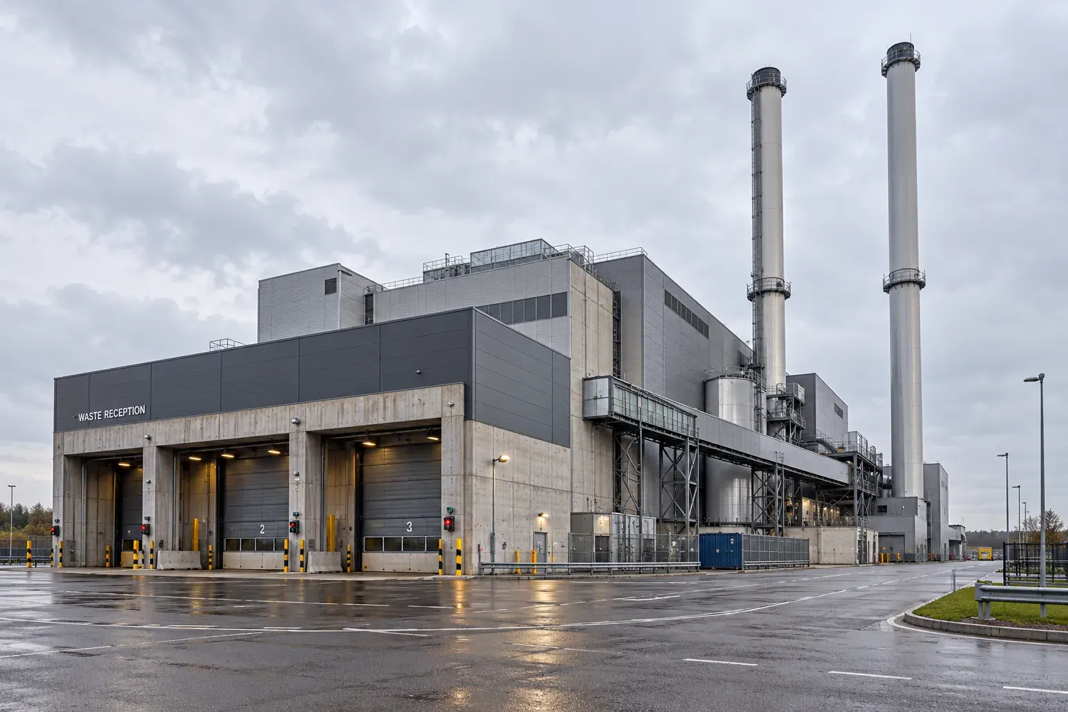Waste reception bays and flue stacks at a waste-to-energy plant