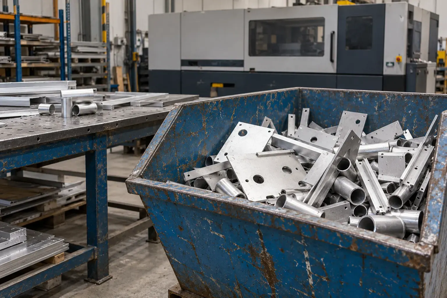 Aluminium production offcuts collected beside a metalworking bench
