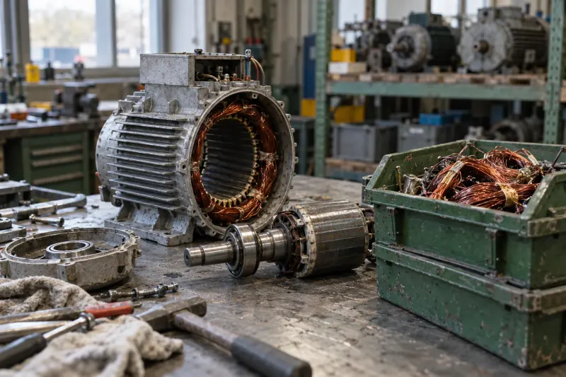Dismantled electric motor and recovered copper windings on a workshop bench