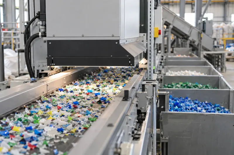 Kunststoffflocken passieren eine optische Prüfeinheit in einer Recyclinganlage