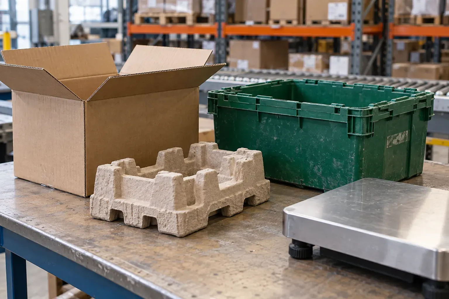 Cardboard, moulded paper packaging and a reusable crate beside a weighing platform