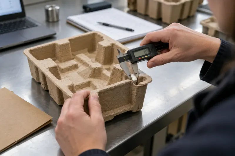 Technician measuring a moulded paper packaging insert with a caliper