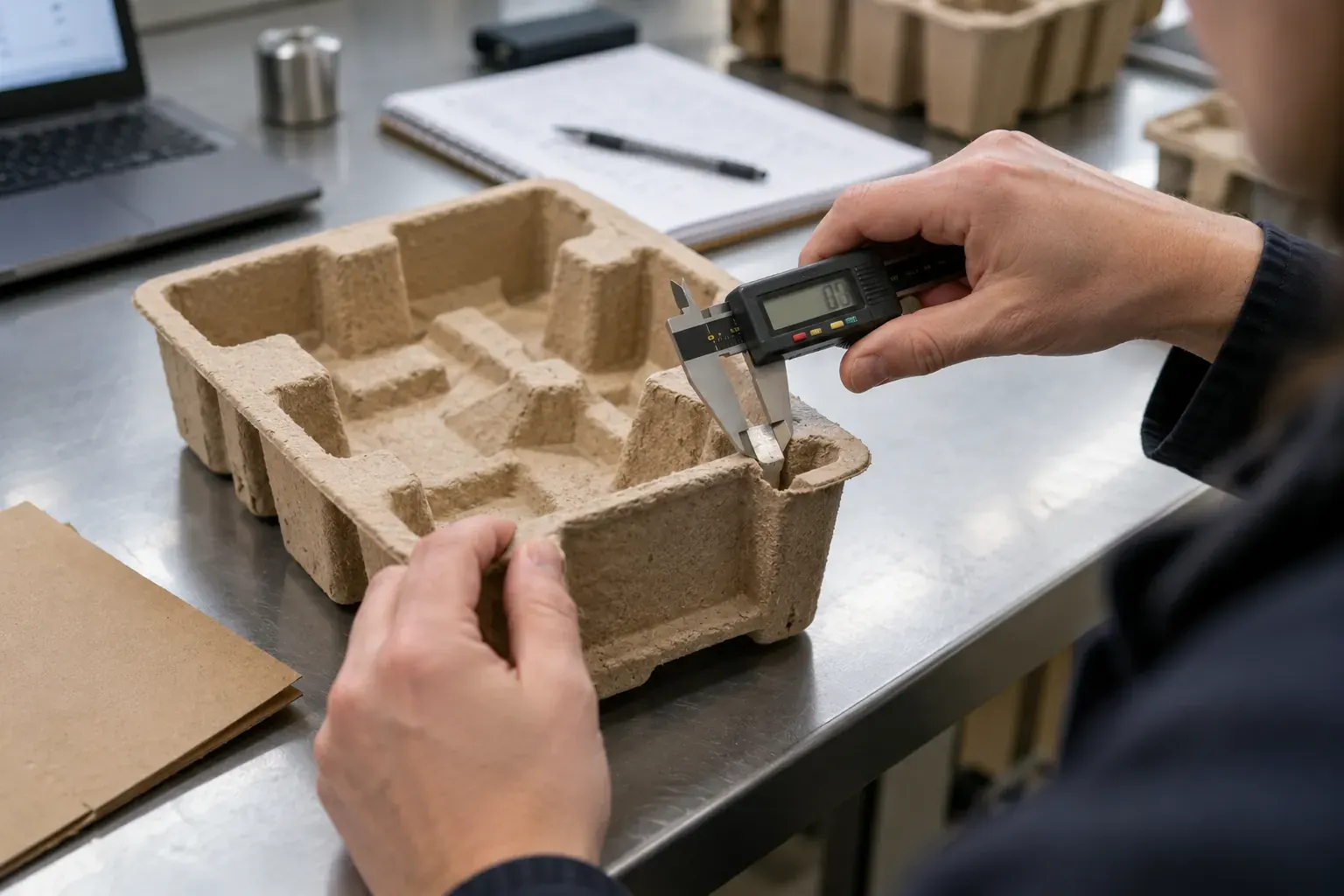 Technician measuring a moulded paper packaging insert with a caliper