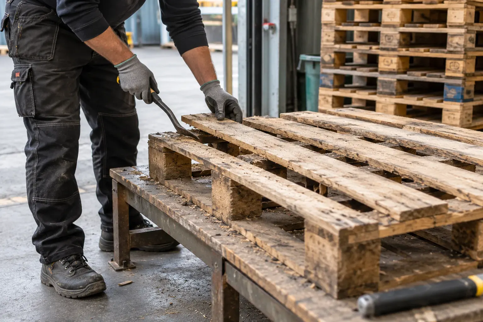 Worker repairing a wooden shipping pallet beside a stack of reused pallets