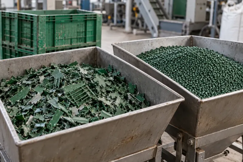 Shredded green plastic and recycled pellets at a processing facility