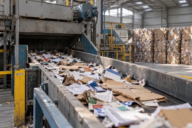 Recovered paper and cardboard moving through a sorting line