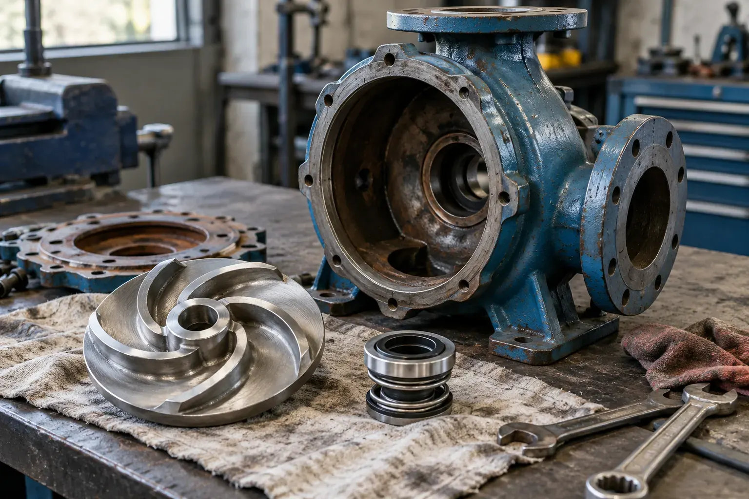Opened industrial pump with a refurbished impeller and replacement seal