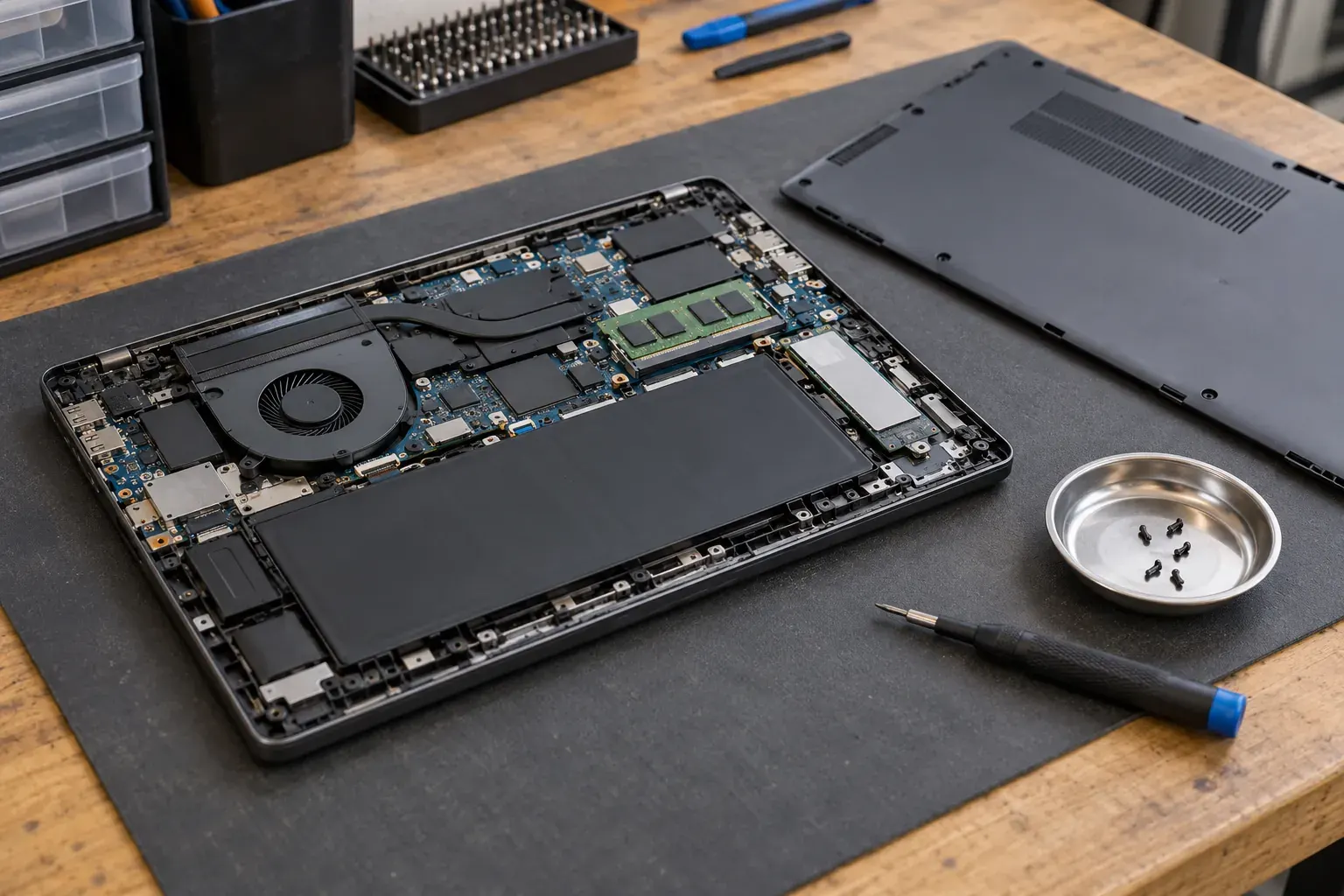 Opened laptop with accessible components and repair tools