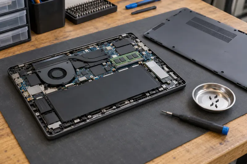 Opened laptop with accessible components and repair tools