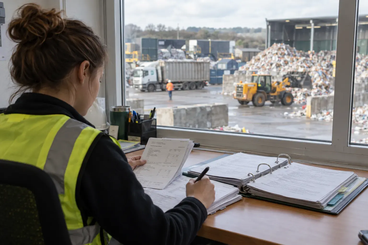 Coordinator reconciling collection tickets and material records at a recycling site