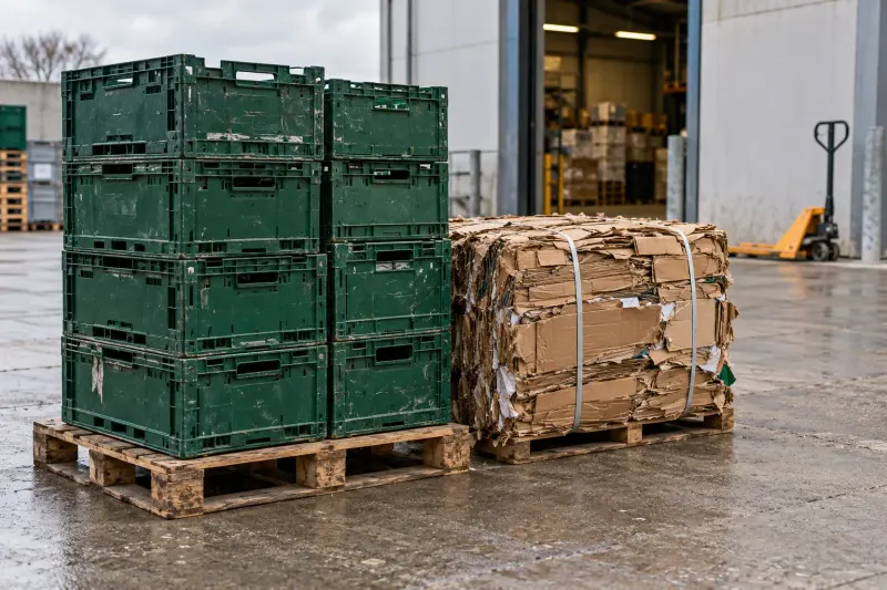 Reusable delivery crates and a cardboard bale at a retail loading bay