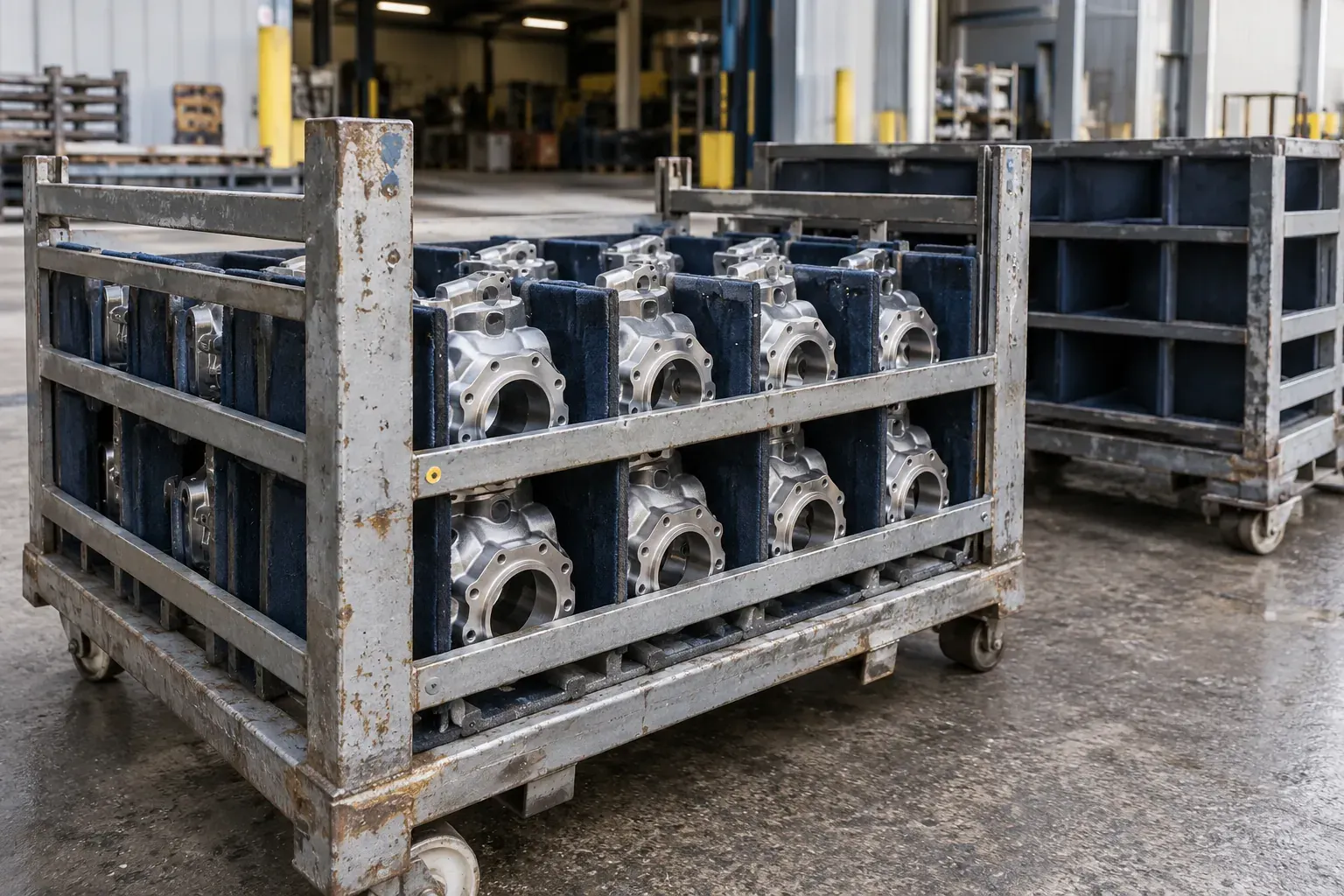 Reusable steel transport stillages protecting machined components
