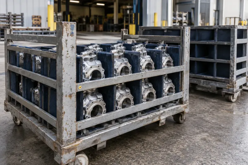 Reusable steel transport stillages protecting machined components