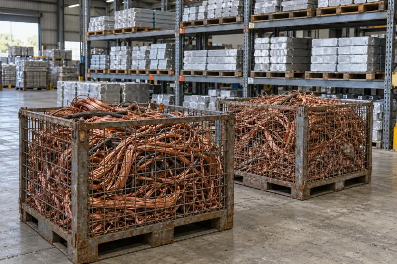 Sorted copper scrap and aluminium stock in a material recovery warehouse