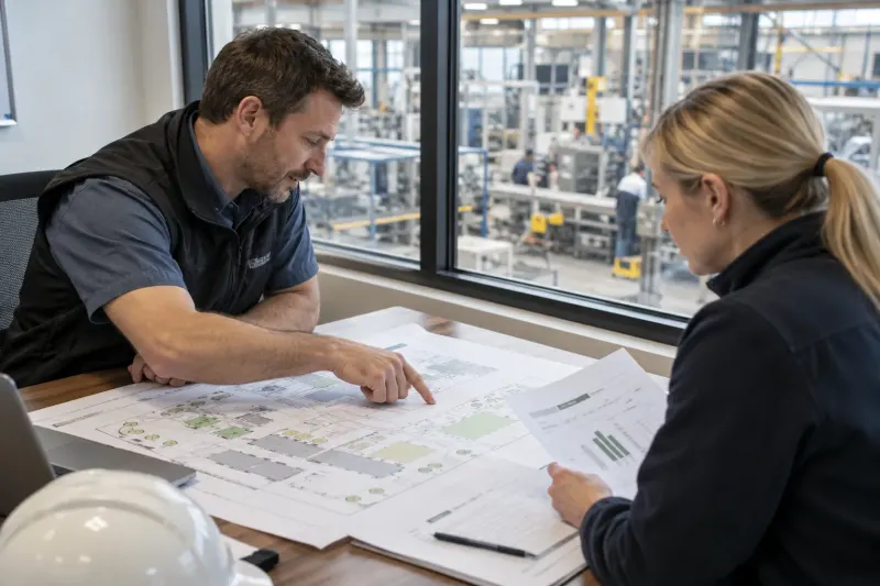 Colleagues reviewing a factory plan and investment worksheet
