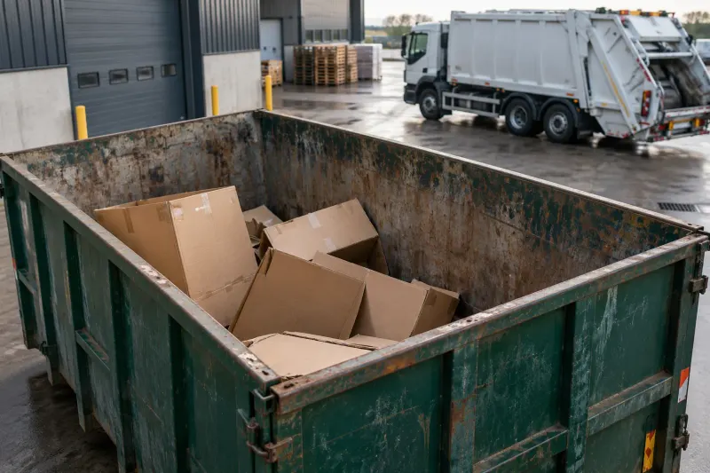 Teilweise gefüllter Gewerbeabfallcontainer mit sperrigen Kartonagen an einem Lager