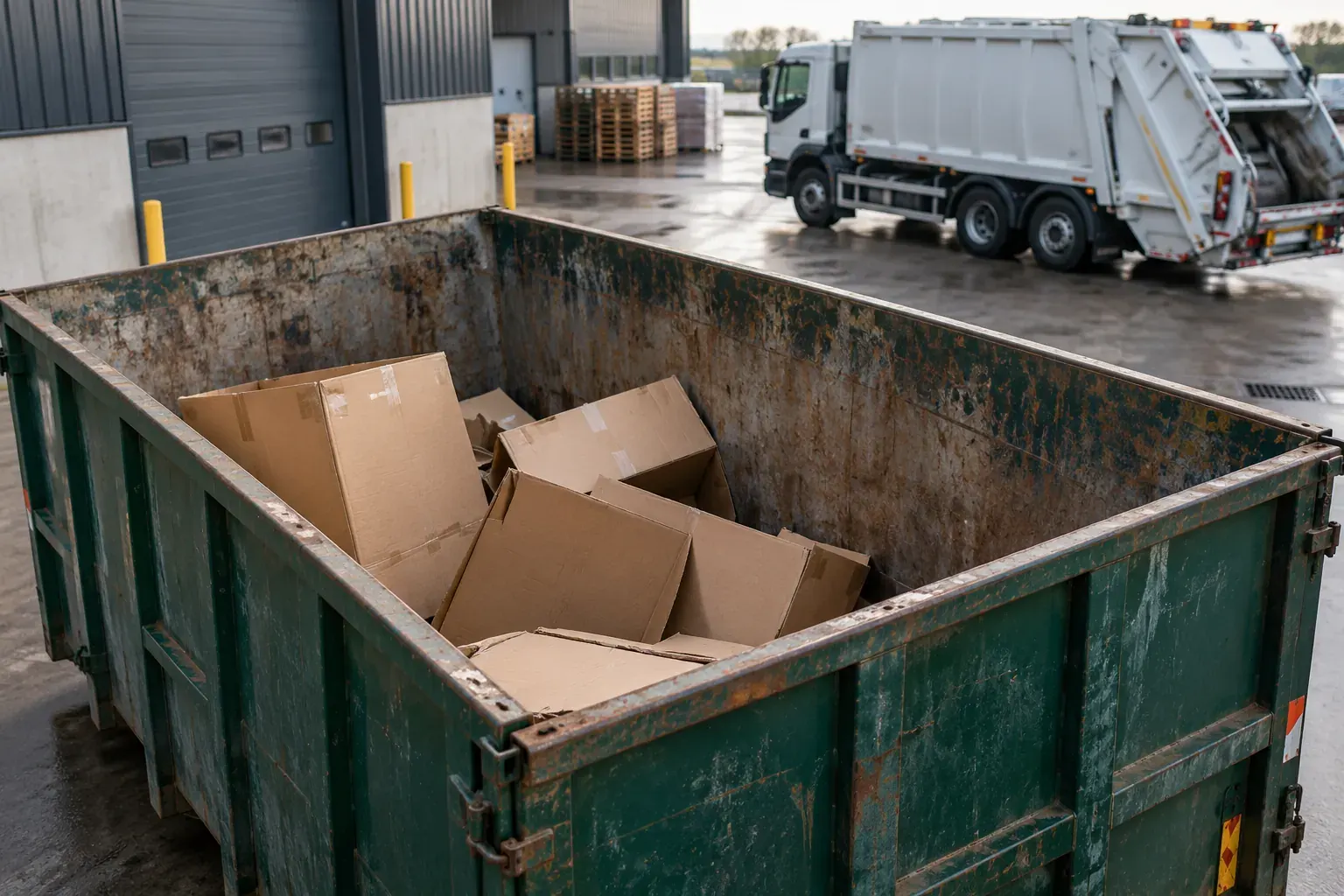 Teilweise gefüllter Gewerbeabfallcontainer mit sperrigen Kartonagen an einem Lager