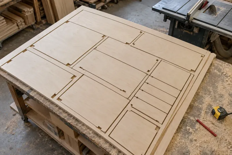 Plywood components cut efficiently from one sheet on a workshop table