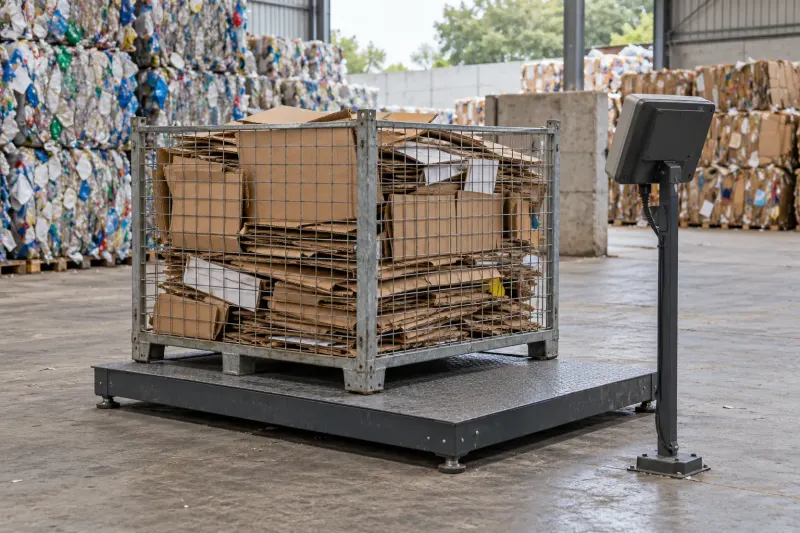 Cardboard in a collection cage on an industrial weighing platform