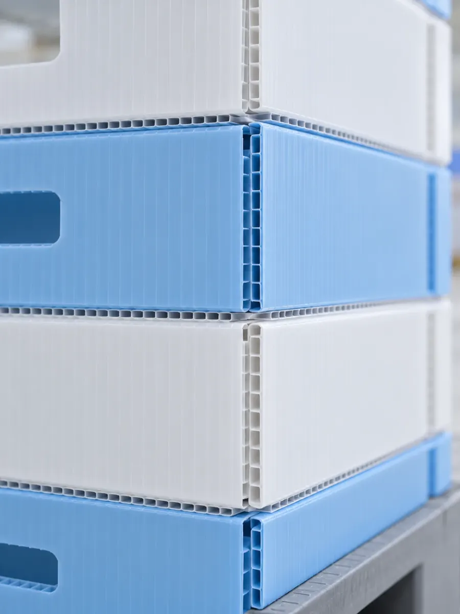 Stacked reusable plastic boxes