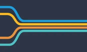 A minimalist graphic with three horizontal lines running parallel across the image. The lines are set against a dark blue background and are colored light blue, orange, and dark yellow. They merge into a single line on the left side, suggesting convergence or a pathway.
